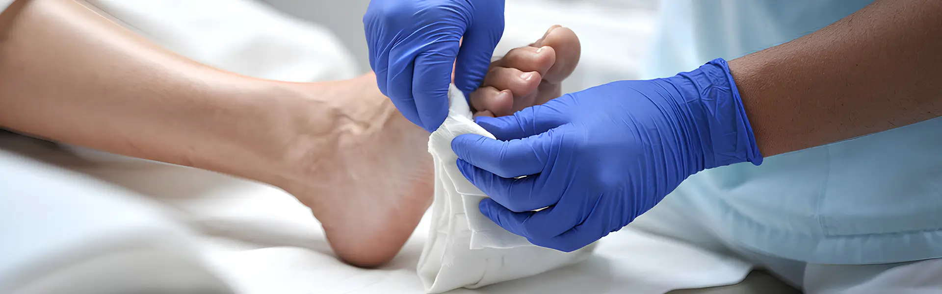 Nurse Wearing Blue Gloves Doing Bandage On A Wounded Foot